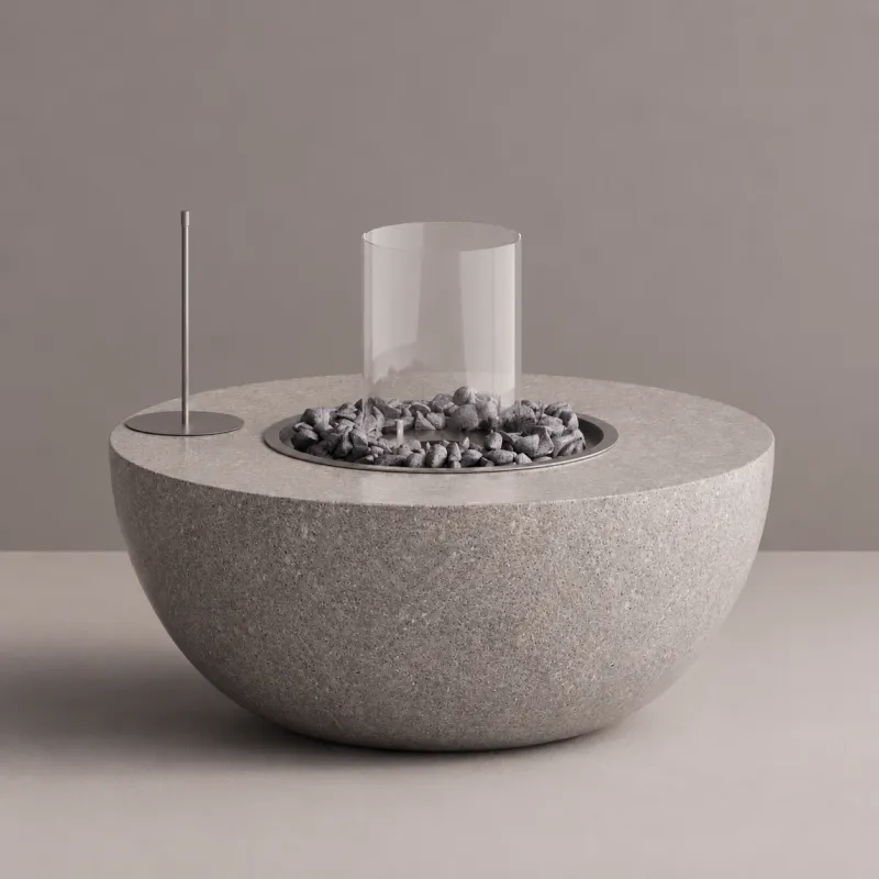 Table de foyer d'extérieur avec pare-vent en verre et brûleur en pierre - Mobilier de luxe pour hôtels par Luxury Group International