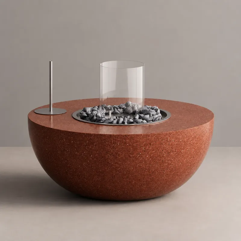 Table de foyer d'extérieur avec pare-vent en verre et brûleur en pierre - Mobilier de luxe pour hôtels par Luxury Group International