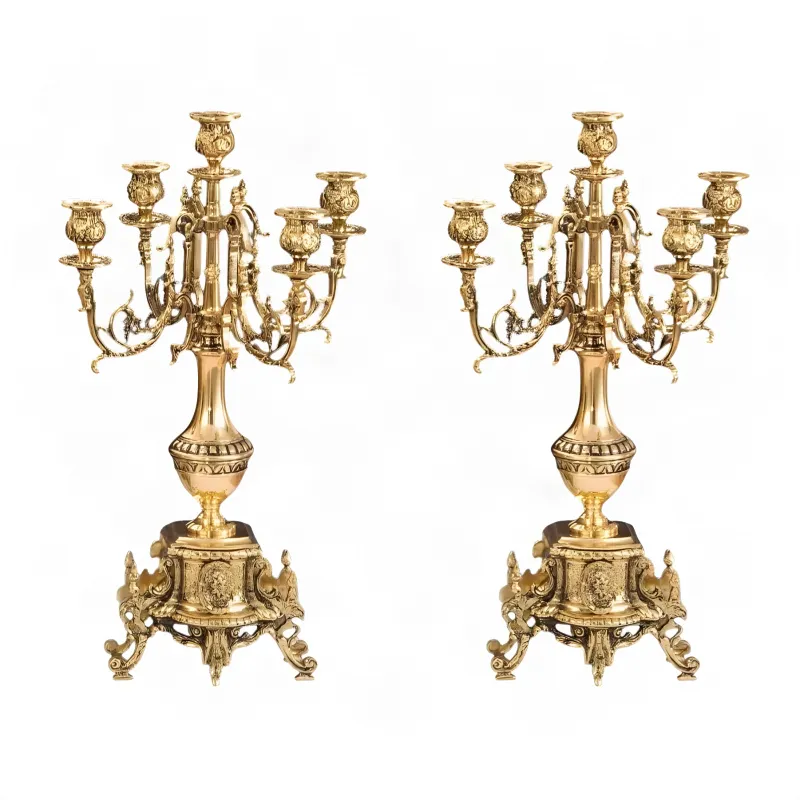 Pair of Luxury Baroque Bronze Five-Light Candle Holders with Ornate Pedestal Base - Candle Holder Front View by Luxury Group International