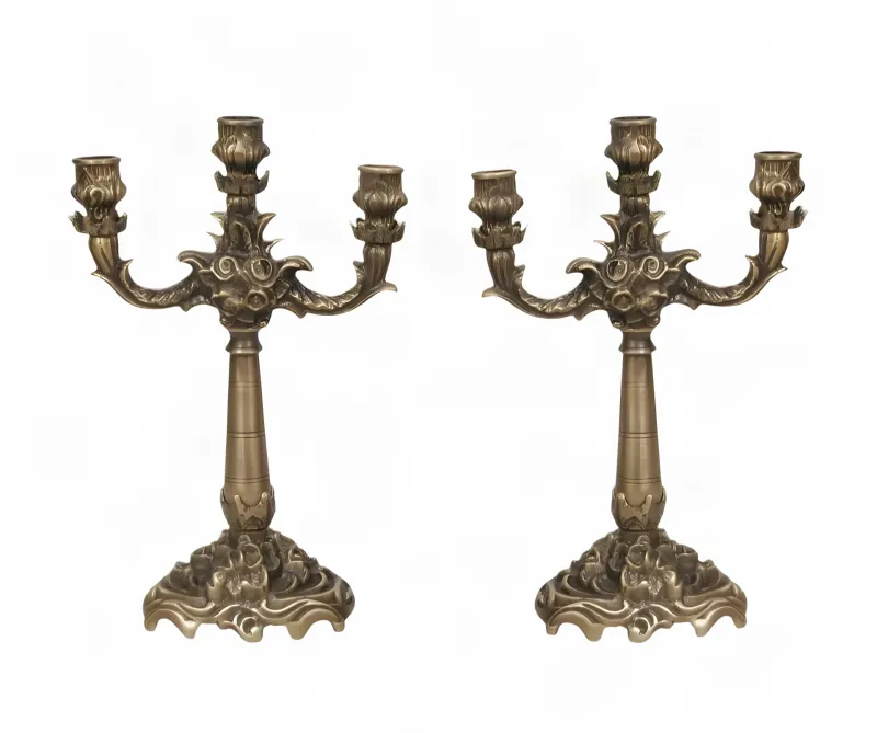 Pair of Luxury Baroque Bronze Three-Light Candle Holders with Sculpted Floral Ornament by Luxury Group International