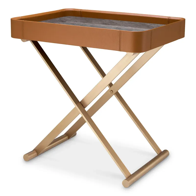 Luxury Cognac Brown Leather and Gold Metal Tray Bar Side Table - Luxury Side Table by Luxury Group International