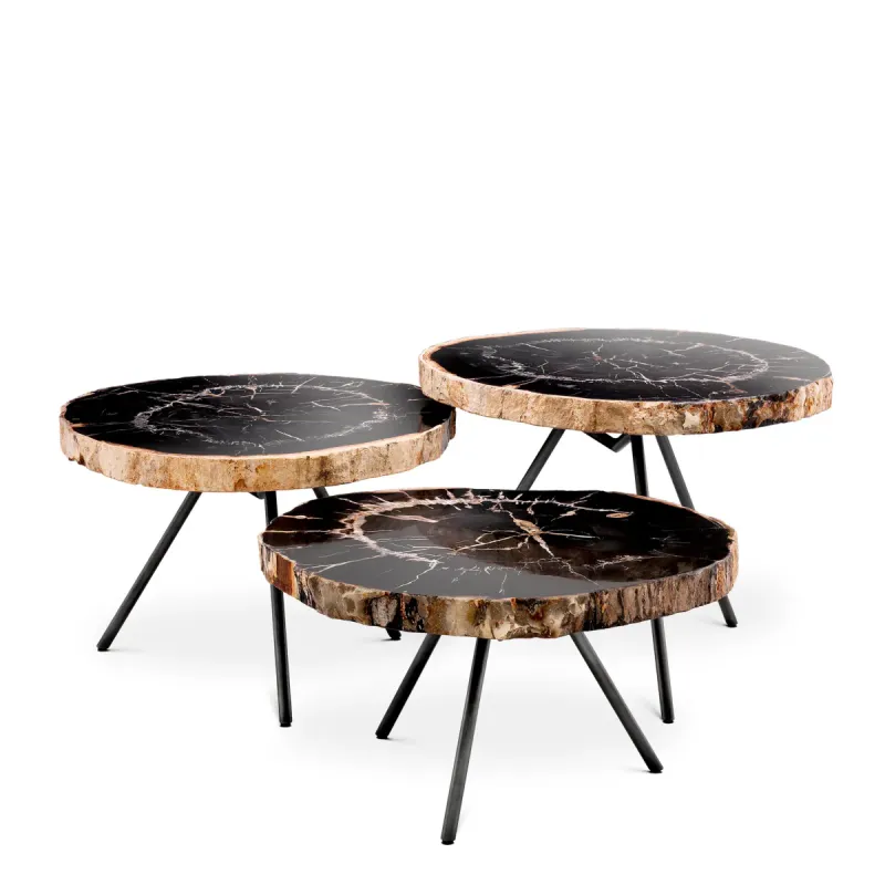 Luxury Dark Petrified Wood Coffee Table Set of 3 with Black Legs - Luxury Coffee Table by Luxury Group International