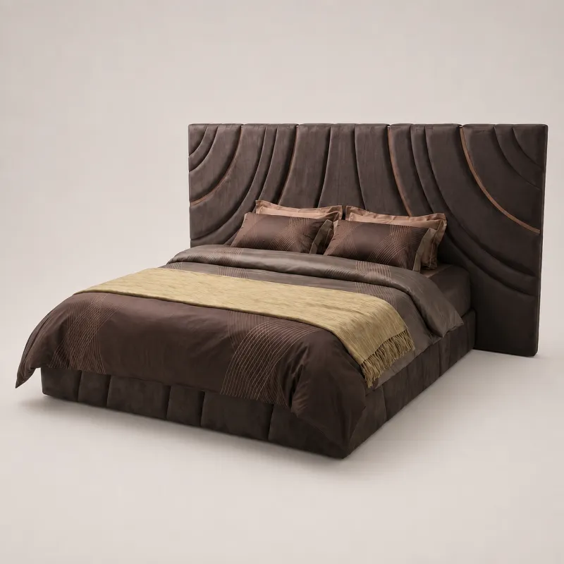 Luxury Dark Brown Upholstered Bed with Sculptural Curved Headboard - Luxury Hotel Bed by Luxury Group International