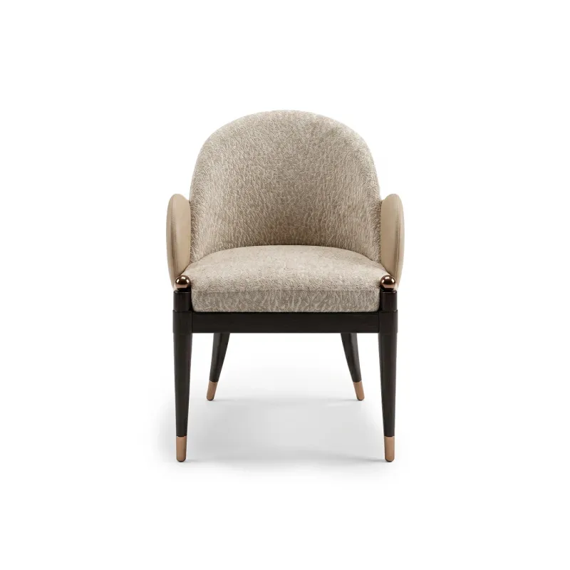 Luxury Ivory Upholstered Dining Chair with Arms and Bronze Accents-Luxury dining room furniture by Luxury Group International