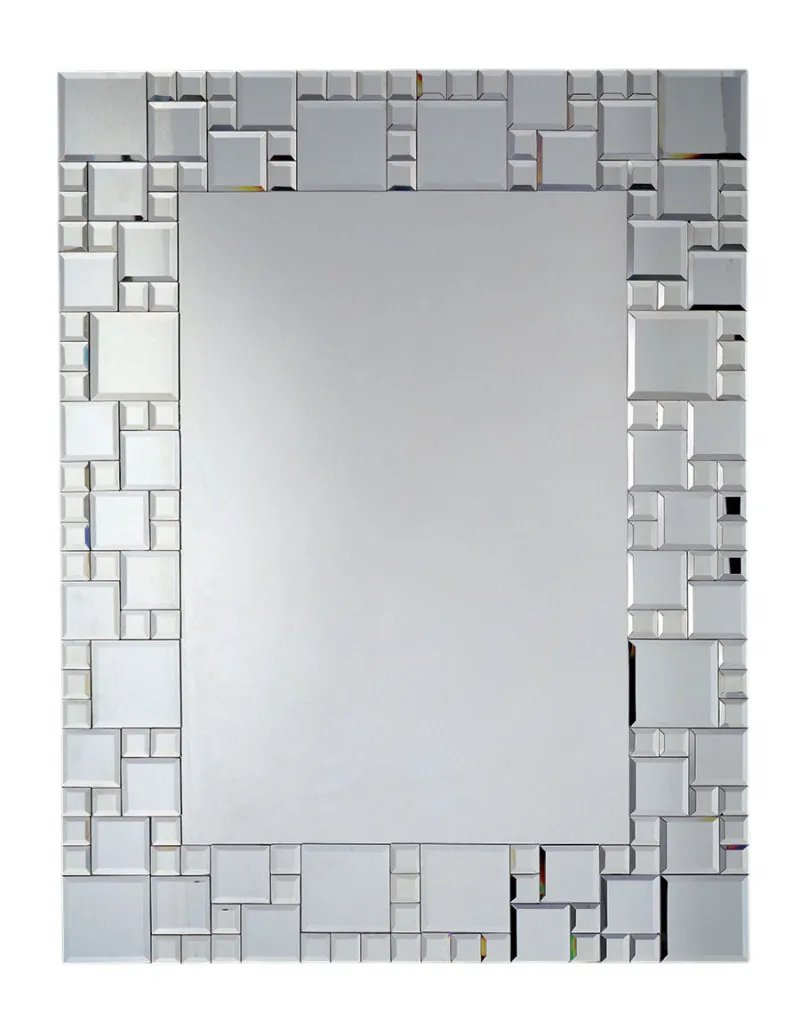 Rechteckiger geometrischer Mosaik-Luxus-Wandspiegel mit facettiertem Glasrahmen Vorderansicht von Luxury Group International