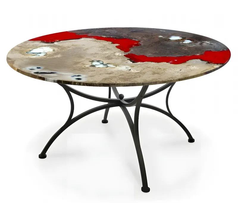 Runder abstrakter Keramik-Luxus-Esstisch für den Außenbereich mit schwarzem Eisenfuß Vorderansicht von Luxury Group International