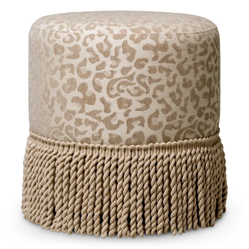 Round Beige Upholstered Stool with Patterned Fabric and Decorative Fringe - Luxury Hotel Furniture Front View by Luxury Group International