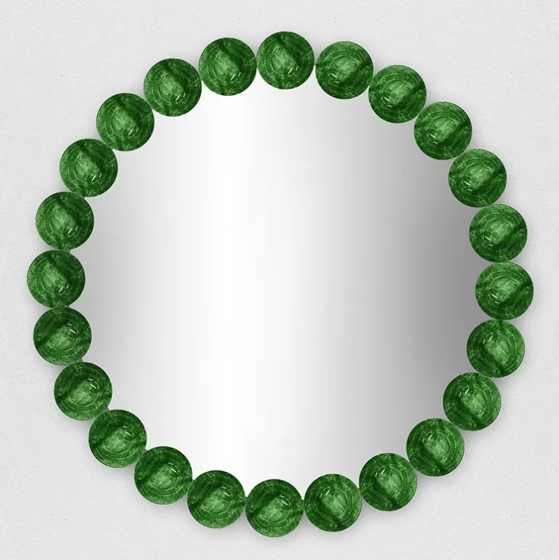 Miroir Mural de Luxe Rond à Disques Verts avec Cadre en Verre Contemporain Vue de face par Luxury Group International
