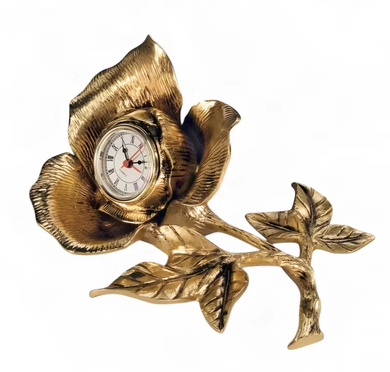 Sculpted Rose Luxury Bronze Table Clock with Leaf Details - Royal Home Accessories Front View by Luxury Group International