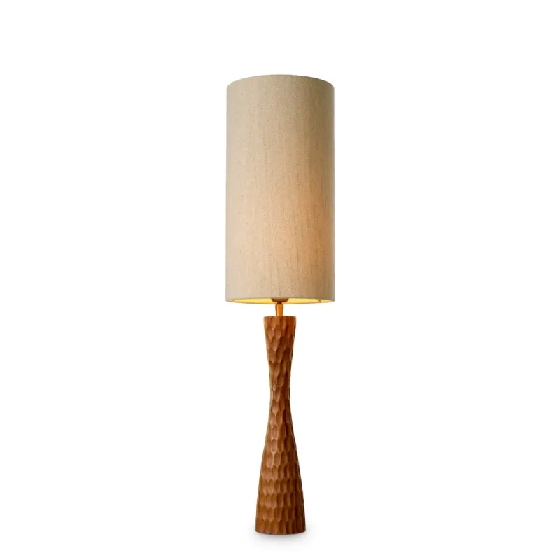 Tall Wooden Table Lamp with Textured Base and Cylindrical Fabric Shade -Luxury Table Lamp Front View by Luxury Group International