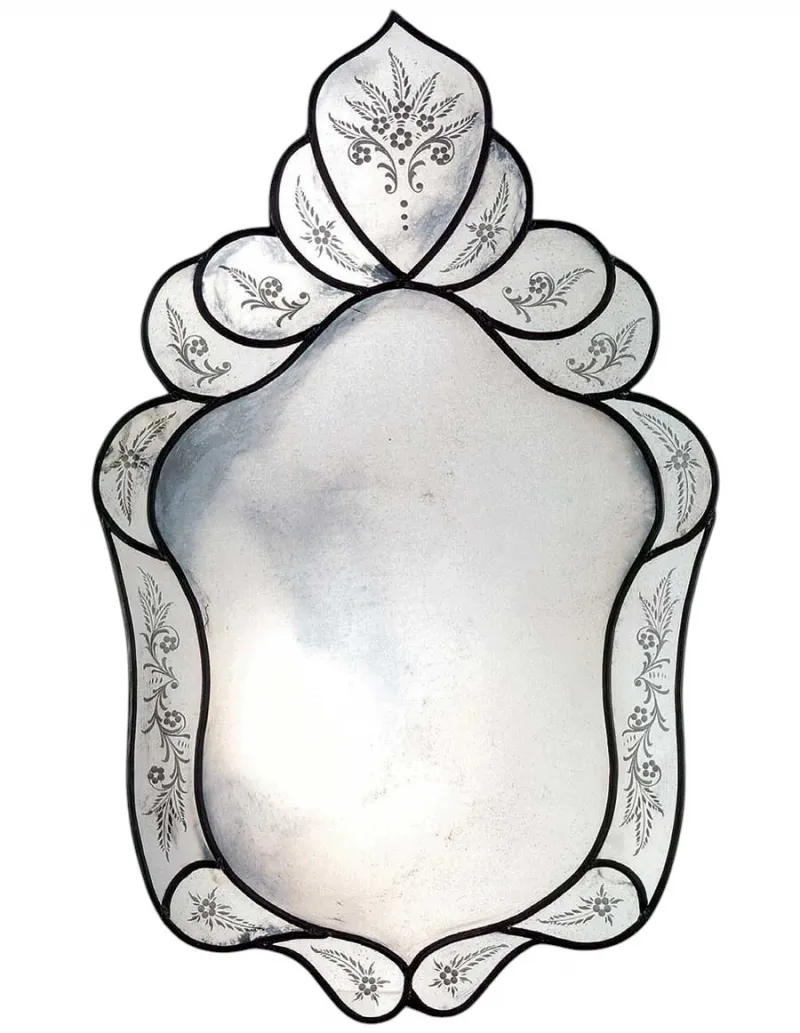 Miroir Mural de Luxe Designer Style Vénitien avec Bordure Noire et Cadre en Verre Gravé à Motifs Floraux Vue de face par Luxury Group International