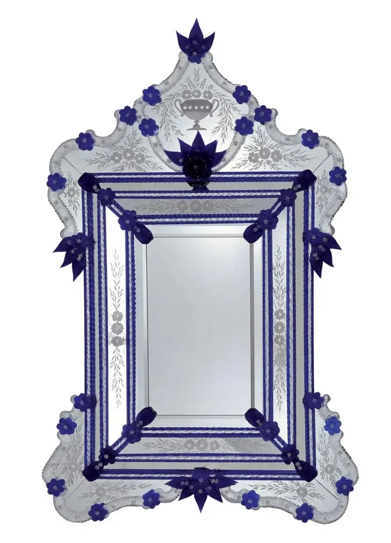 Venetian Style Luxury Glass Wall Mirror with Royal Blue Floral Accents & Ornate Crown Crest Front View by Luxury Group International