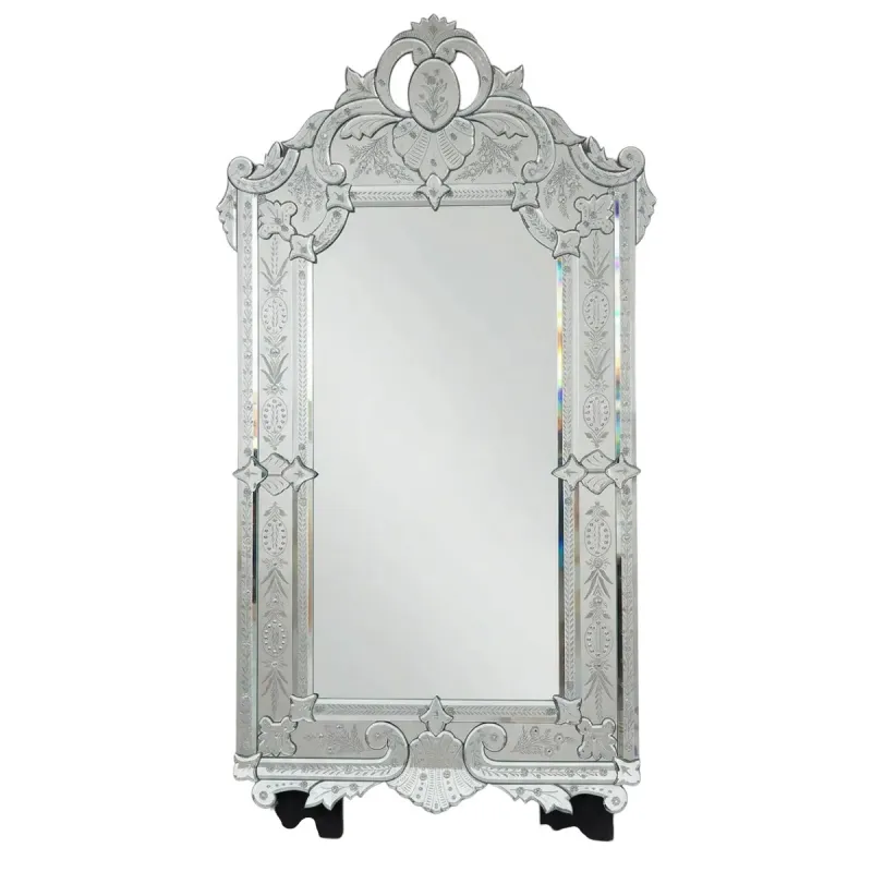 Venetian Style Luxury Wall Mirror with Etched Floral Crown and Ornate Baroque Silver Frame Vue de face par Luxury Group International