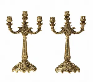 Pair of Luxury Baroque Bronze Three-Light Candle Holders with Sculpted Floral Ornament by Luxury Group International