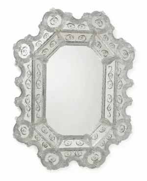 Luxury Silver Baroque Venetian Style Wall Mirror with Hand-Etched Crystal Glass Frame Front View by Luxury Group International