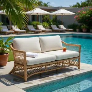 Luxury Faux Rattan Outdoor Sofa with Arden Natural Cushions 180 cm Lifestyle View by Luxury Group International
