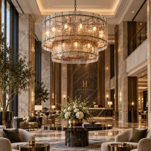 Modern Chandelier with Tiered Geometric Glass Panels and Golden Frame - Luxury Hotel Furniture by Luxury Group International