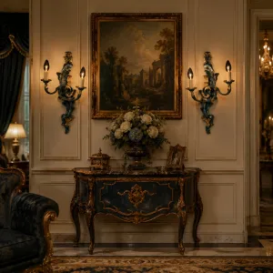 Antikes Luxus-Barock-Kerzenhalter-Set in Blau-Bronze mit zwei Kerzenarmen Lifestyle-Ansicht von Luxury Group International