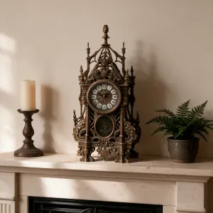 Antike Bronze Luxus Tischuhr mit gotischen Barockspitzen und verziertem Pendelstil-Panel Lifestyle-Ansicht von Luxury Group International