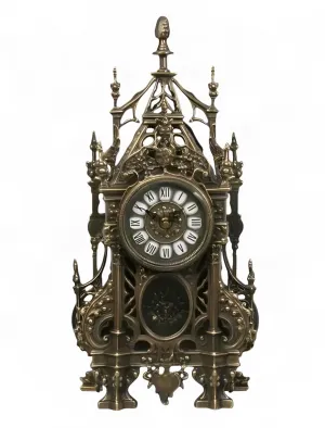 Antike Bronze Luxus Tischuhr mit gotischen Barockspitzen und verziertem Pendelstil-Panel Vorderansicht von Luxury Group International