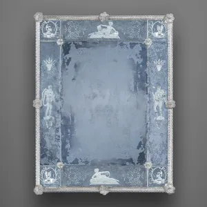 Miroir Mural de Luxe Vénitien Antique avec Motifs Gravés de Figures dans un Cadre en Verre Baroque Bleu Gris Vue de face par Luxury Group International