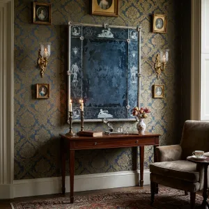 Miroir Mural de Luxe Vénitien Antique avec Motifs Gravés de Figures dans un Cadre en Verre Baroque Bleu Gris Vue lifestyle par Luxury Group International