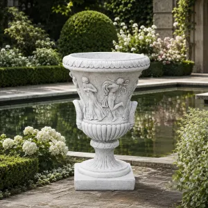 Baroque Classical Urn Garden Planter with Sculpted Figure Ornamentation - Luxury Planters Lifestyle View by Luxury Group International