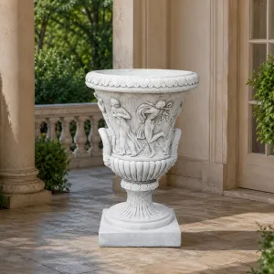 Baroque Classical Urn Garden Planter with Sculpted Figure Ornamentation - Luxury Planters Lifestyle View by Luxury Group International