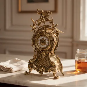 Orologio da Tavolo di Lusso in Bronzo Dorato Barocco con Cavaliere Equestre e Stemma con Uccello in Volo Vista lifestyle di Luxury Group International