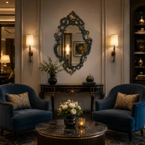 Baroque Luxury Bronze Rocaille Cartouche Wall Mirror with Scroll Crest - Baroque Mirrors Lifestyle View by Luxury Group International