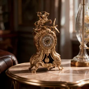Baroque Luxury Bronze Table Clock with Equestrian Rider and Ornate Pendulum Frame Lifestyle View by Luxury Group International