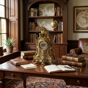 Orologio da Tavolo Barocco di Lusso in Bronzo con Stemmi Equestri e Leoni Laterali Vista lifestyle di Luxury Group International
