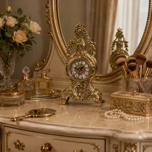 Barocke Luxus-Bronze-Tischuhr mit Fruchtgirlande & kunstvollen Schnörkeln – Luxus Wohnaccessoires Lifestyle-Ansicht von Luxury Group International