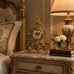 Barocke Luxus-Bronze-Tischuhr mit Reiterfigur & kunstvollem Rankenwerk – Luxus Wohnaccessoires Lifestyle-Ansicht von Luxury Group International