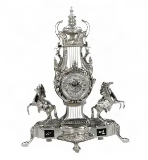 Baroque Luxury Bronze Table Clock with Twin Rearing Horses and Urn Finial by Luxury Group International