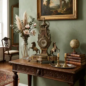 Baroque Luxury Bronze Table Clock with Twin Rearing Horses and Urn Finial Lifestyle View by Luxury Group International
