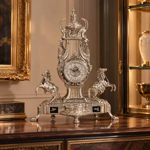Baroque Luxury Bronze Table Clock with Twin Rearing Horses and Urn Finial Lifestyle View by Luxury Group International