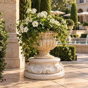 Barockes Luxus-Gartenpodest mit Muschelmotiv und Volutenornamentik – Gartendekoration Lifestyle-Ansicht von Luxury Group International