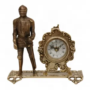 Baroque Luxury Golden Bronze Table Clock with Armoured Knight and Sword Front View by Luxury Group International
