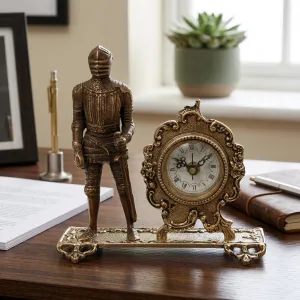 Baroque Luxury Golden Bronze Table Clock with Armoured Knight and Sword Lifestyle View by Luxury Group International