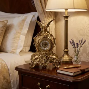 Reloj de Mesa Barroco de Bronce Dorado de Lujo con Águila de Alas Extendidas y Adornos Ornamentales Vista lifestyle por Luxury Group International