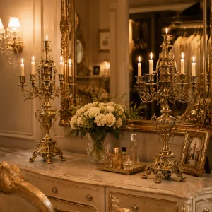 Barocke Luxus-Multi-Light Bronze-Kerzenleuchter im Paar mit Ornamentaler Urnenform – Kerzenhalter Lifestyle-Ansicht von Luxury Group International
