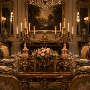 Par de Candelabros de Bronce de Siete Luces de Lujo Barroco con Cuerpos en Forma de Urna Rosa Vista lifestyle por Luxury Group International