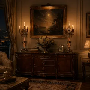 Par de Candelabros de Bronce de Siete Luces de Lujo Barroco con Cuerpos en Forma de Urna Rosa Vista lifestyle por Luxury Group International