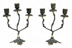 Par de Candelabros Barrocos de Lujo de Tres Luces con Copas Florales y Base de Hojas - Candelabro por Luxury Group International