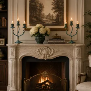 Par de Candelabros Barrocos de Lujo de Tres Luces con Copas Florales y Base de Hojas - Candelabro Vista lifestyle por Luxury Group International