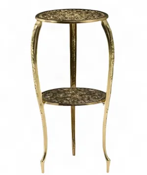 Barocker Luxus-Zweistöckiger Beistelltisch mit Durchbrochenem Blumenregal in Goldfinish – Luxus-Beistelltische Vorderansicht von Luxury Group International