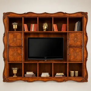Baroque Luxury Wooden Television Unit with Floral Inlay Cabinets & Multi-Shelf Display Front View by Luxury Group International