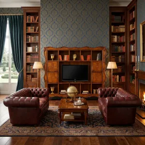 Baroque Luxury Wooden Television Unit with Floral Inlay Cabinets & Multi-Shelf Display Lifestyle View by Luxury Group International