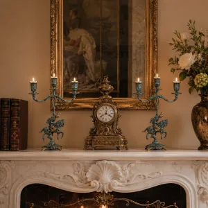 Barockes Paar dreiflammiger Luxus-Kerzenhalter mit Reiter-Skulptur als Basis - Kerzenhalter Lifestyle-Ansicht von Luxury Group International